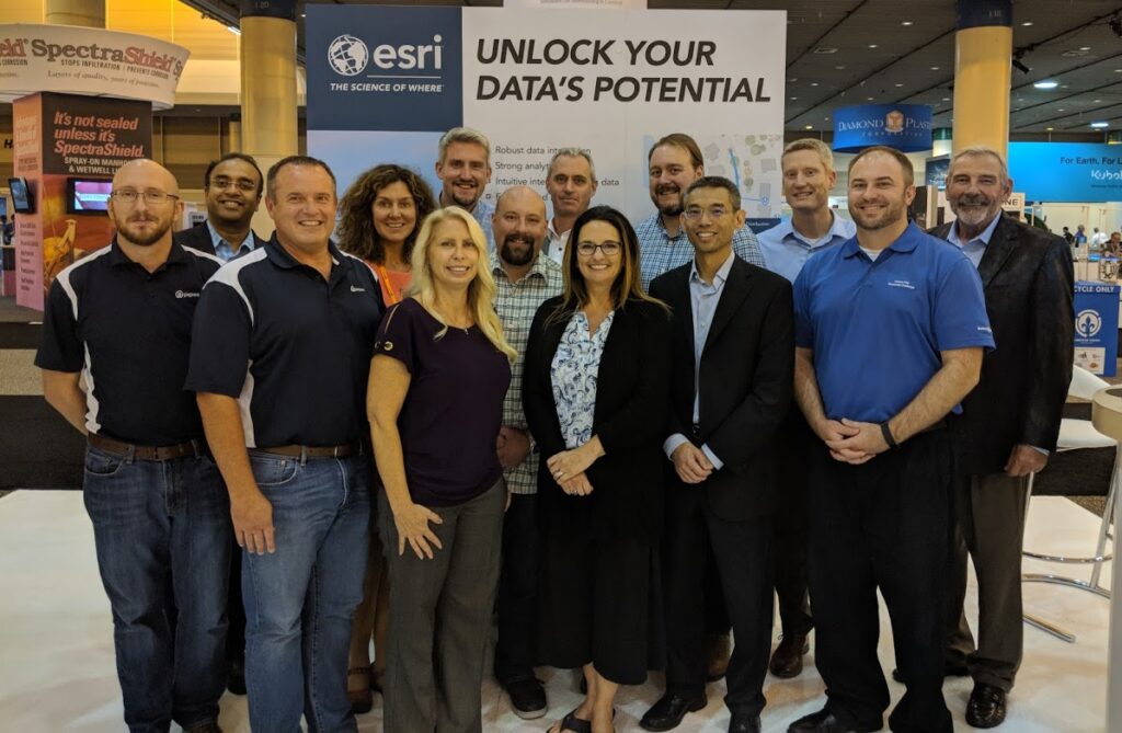 Team members from pipeline inspection software company, ITpipes, pose with partners from Esri and Burns & McDonald.